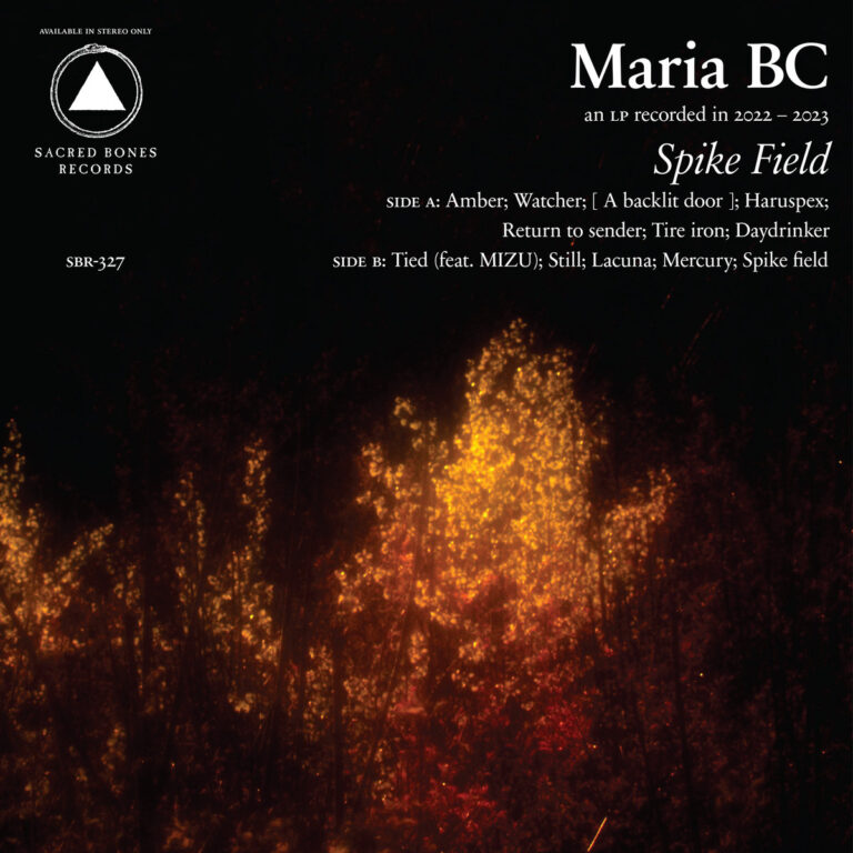 Albumcover von Maria BCs Spike Field mit verschwommenem, glühend-rot-gelbem Pflanzenmotiv vor schwarzem Hintergrund und Tracklist in Weißschrift.