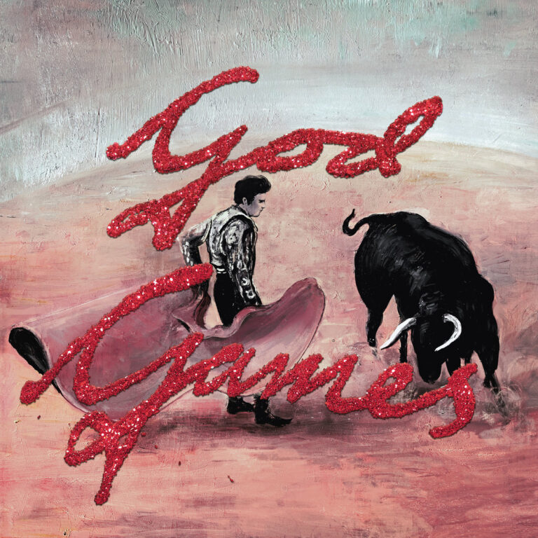 Gemaltes Cover mit einem Matador und Stier in rosafarbenem Sand, darüber der glitzernde Schriftzug „God Games“ in roter Kalligrafie.