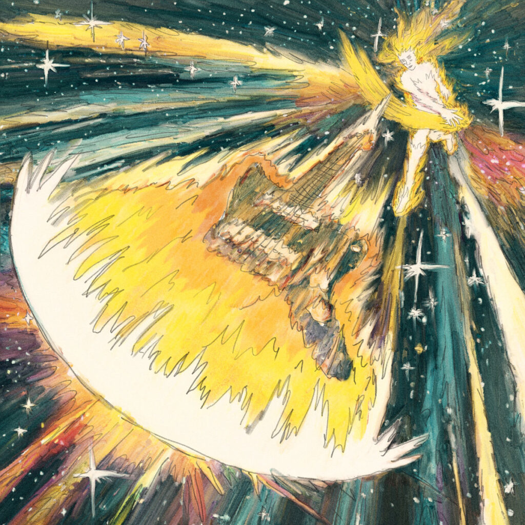 Buntes Cover zu „The Comeback Kid“ von Marnie Stern zeigt eine fliegende Figur mit Gitarre im galaktischen Raum – explosiv, verspielt und kosmisch.