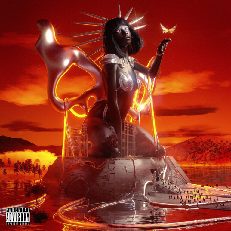 Cover des Albums „Sweet Justice“ von Tkay Maidza mit digitaler Skulptur in futuristisch-rotem Setting, stilisierter Figur mit Strahlenkranz und goldfarbenem Schmetterling.