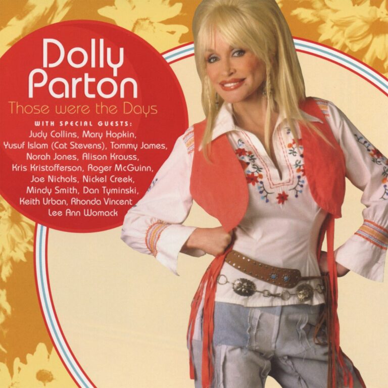 Dolly Parton in weißer Bluse und roter Weste vor gelbem Hintergrund mit Albumtitel und Gastkünstlern.