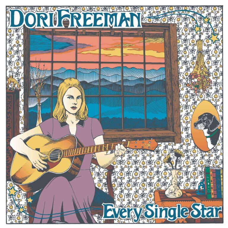 Illustration einer Frau mit Gitarre vor einem Fenster mit Berglandschaft im Hintergrund.