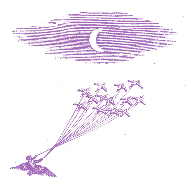 Lila Illustration eines Menschen, der von Vögeln in den Himmel gezogen wird, mit Halbmond über einer Wolkenstruktur – Cover von „Migration Magic“ der Feeling Figures.