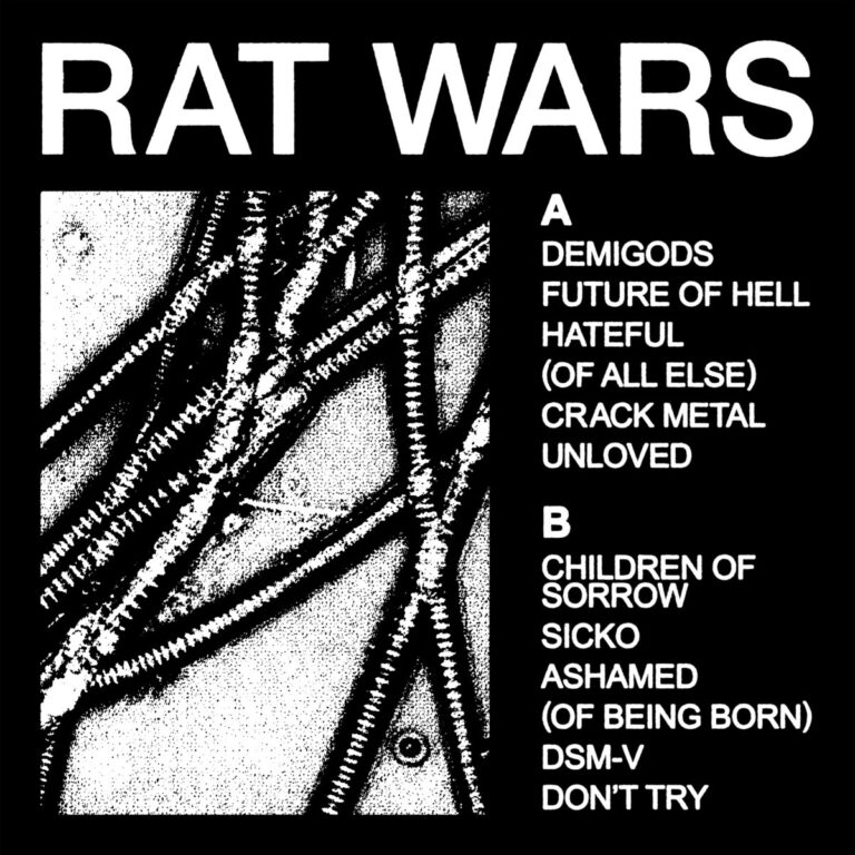 Schwarz-weißes Albumcover mit dem Titel „RAT WARS“ von HEALTH, zeigt abstrahierte Schraubenmotive und Tracklist im Industrial-Stil.