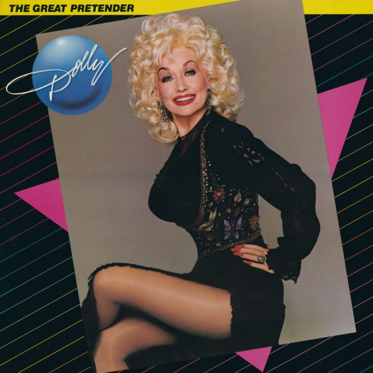 Albumcover von Dolly Parton mit buntem Design und Porträt der Künstlerin in schwarzem Outfit.