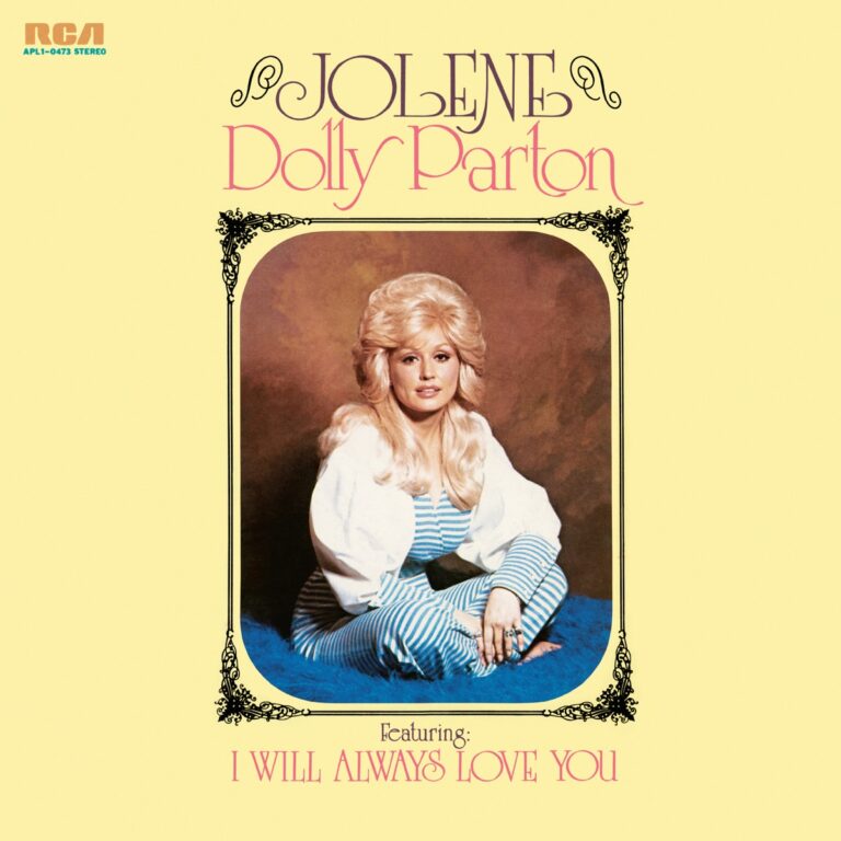 Dolly Parton posiert auf dem Cover ihres Albums Jolene in gestreiftem Outfit mit lockigem Haar.