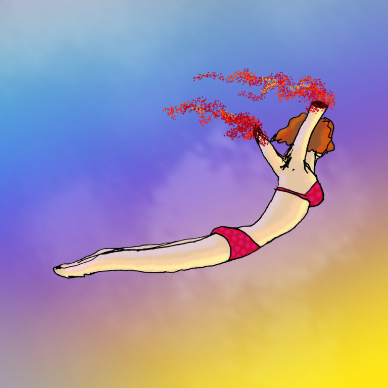 Illustration einer Frau in rotem Bikini, die in einem surrealen Farbverlauf schwebt. Ihre Arme lösen sich in rote Partikel auf, was Blut symbolisiert. Der Hintergrund changiert von Himmelblau über Violett zu Gelb.