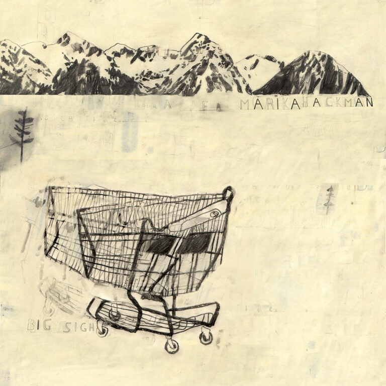 Gezeichnetes Albumcover mit Einkaufswagen vor angedeuteter Gebirgskette – minimalistisches Artwork zu Big Sigh von Marika Hackman.