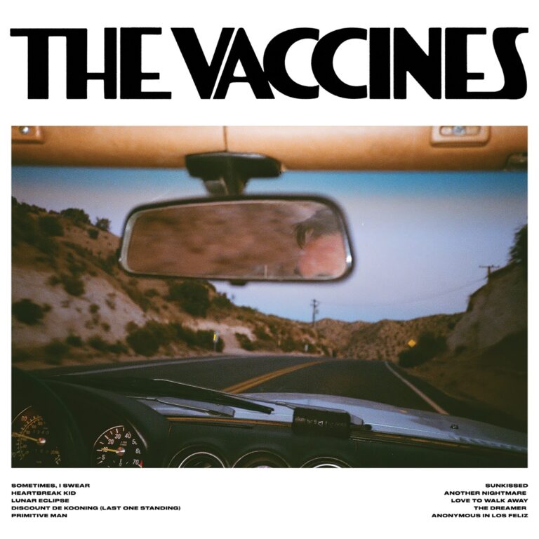 Albumcover von The Vaccines’ „Pick-Up Full of Pink Carnations“ mit Blick aus dem Auto auf eine kurvige Wüstenstraße, Rückspiegel im Fokus.