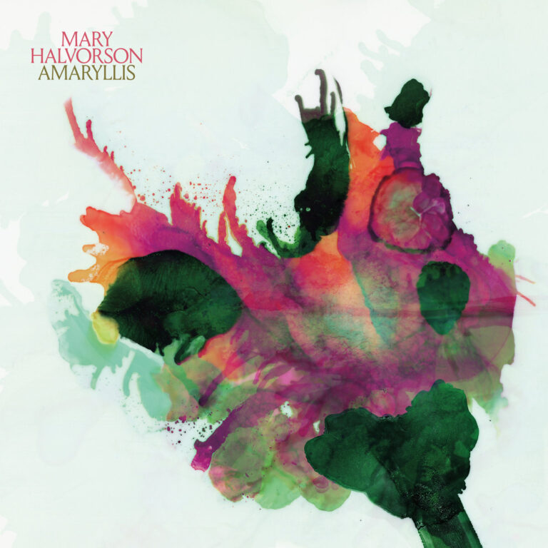Abstrakter Wasserfarb-Splash in Magenta, Orange und Tannengrün auf Weiß – erinnert an eine aufblühende Amaryllis; Cover zu Mary Halvorsons Jazzalbum „Amaryllis“.