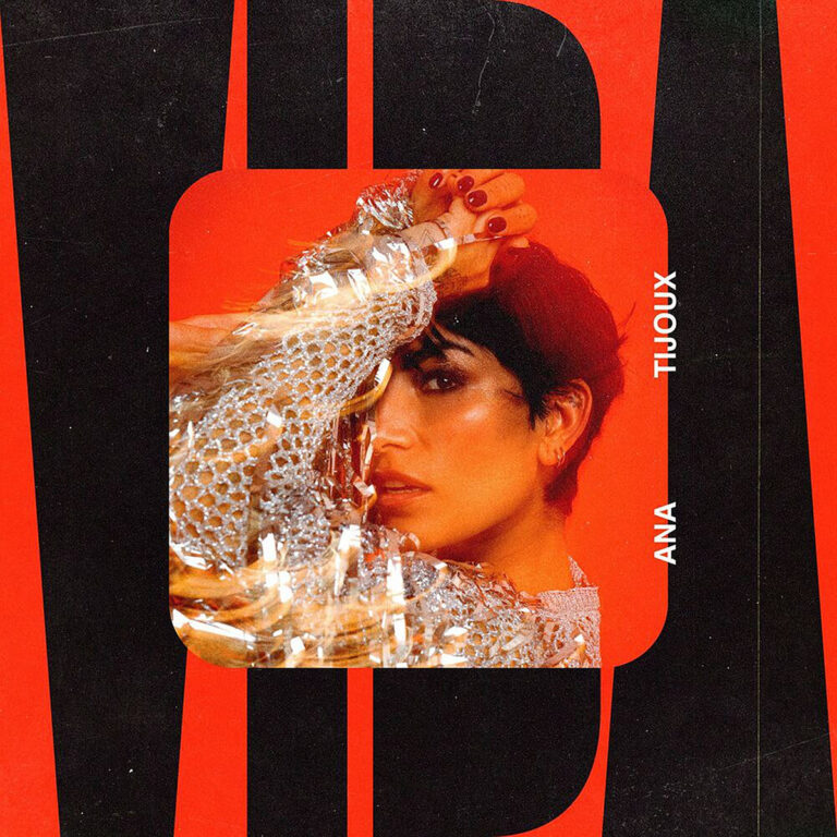 Ana Tijoux auf dem Albumcover „Vida“ in silberner Netzkleidung vor rotem Hintergrund – ein visuelles Statement für Stärke, Stil und lateinamerikanische Power.