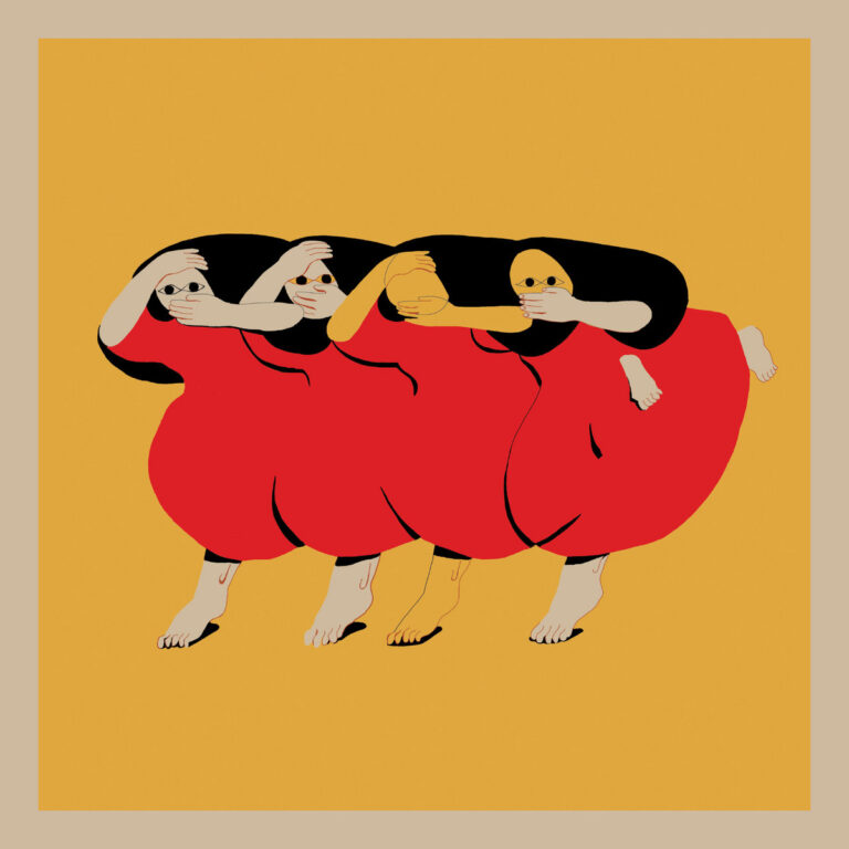 Illustration des Albumcovers „People Who Aren’t There Anymore“ von Future Islands: Drei ineinander verschlungene Figuren in roten Kleidern vor senfgelbem Hintergrund, die symbolisch Abwesenheit, Erinnerung und Verbundenheit darstellen.