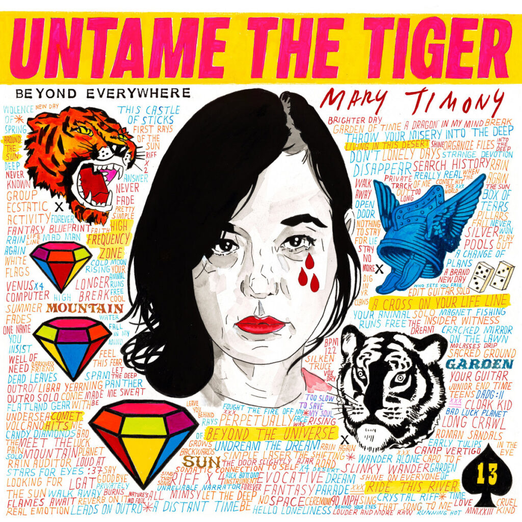 Bunt illustriertes Albumcover von Mary Timony – Untame the Tiger, mit Porträt, Tigermotiven, Textfragmenten und Symbolen auf weißem Hintergrund.