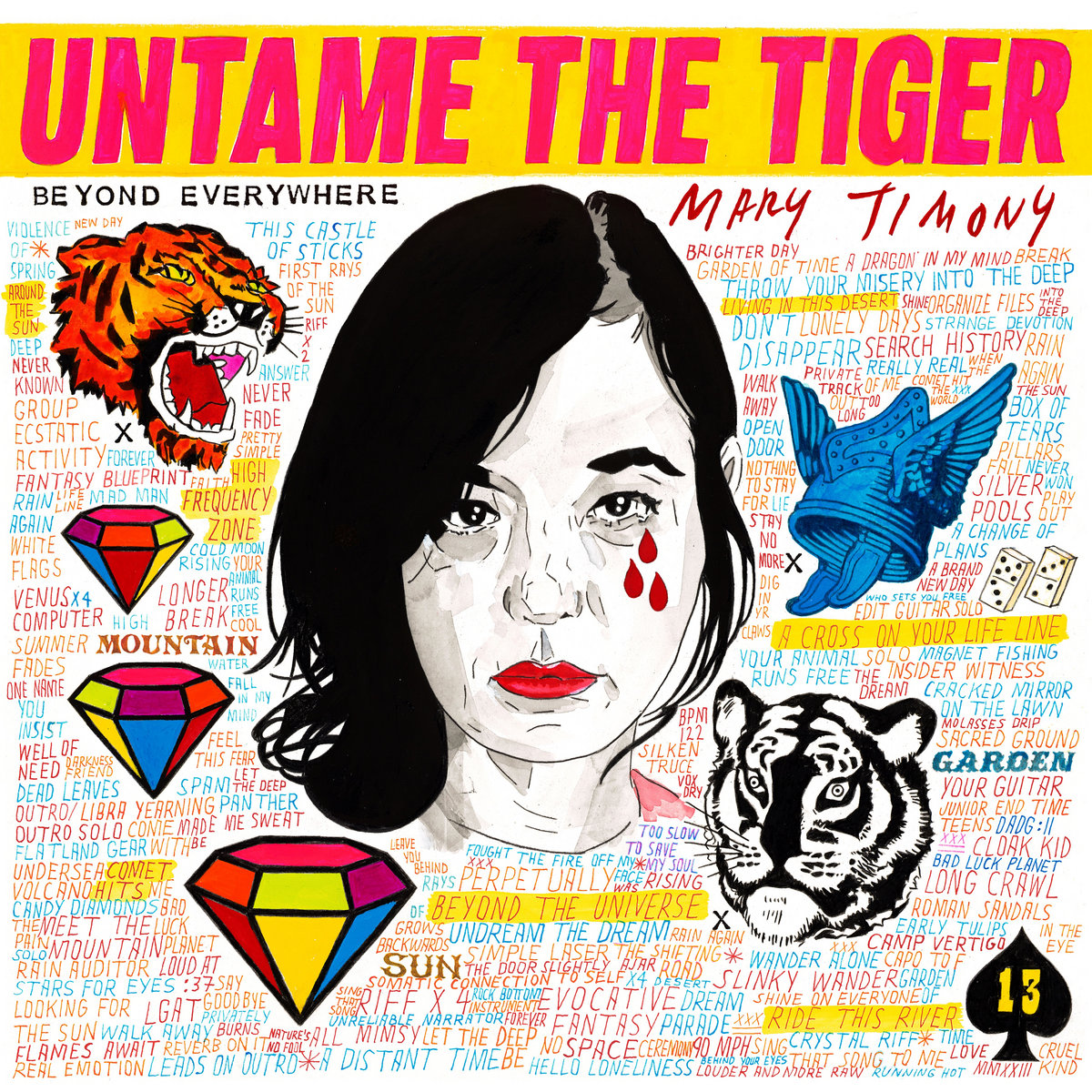 Bunt illustriertes Albumcover von Mary Timony – Untame the Tiger, mit Porträt, Tigermotiven, Textfragmenten und Symbolen auf weißem Hintergrund.