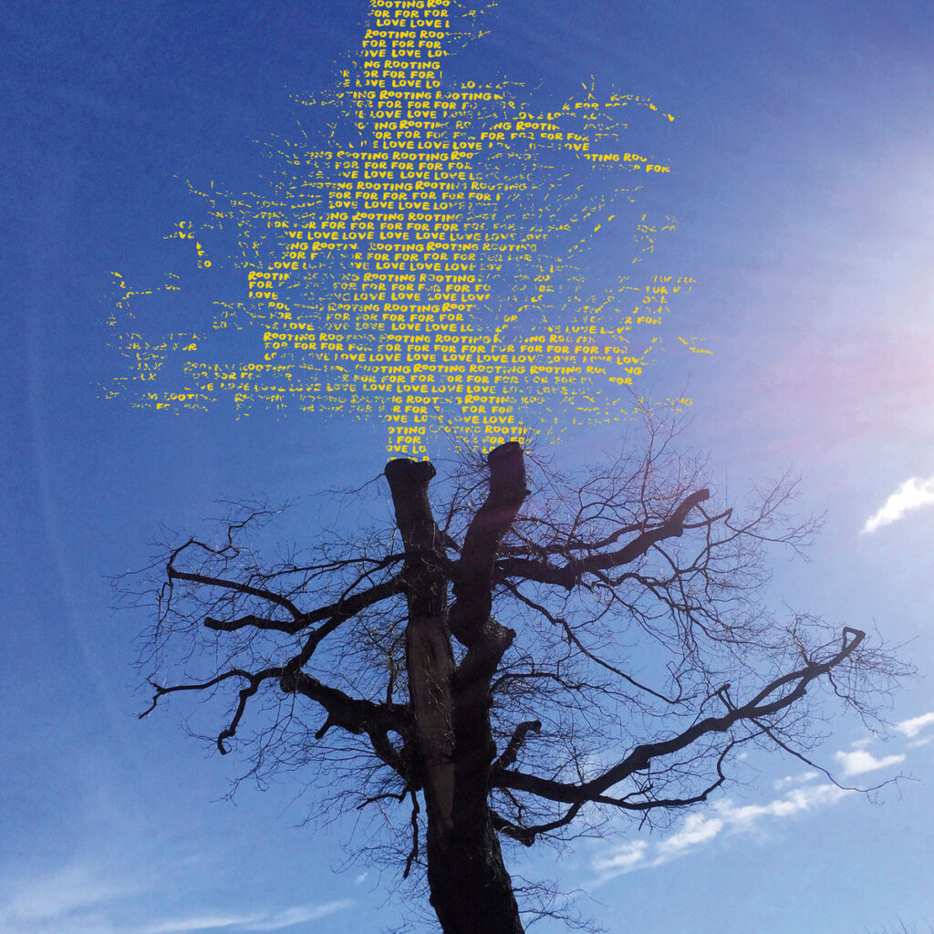 Digital bearbeiteter Baum mit gelbem Schriftlaub, das aus den Worten „Rooting for Love“ besteht – inspiriert von Laetitia Sadiers Albumcover.