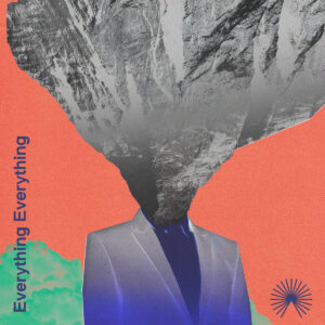 Cover von Everything Everything „Mountainhead“ mit surrealem Motiv: Anzugträger mit Bergmassiv statt Kopf vor korallenrotem Hintergrund.