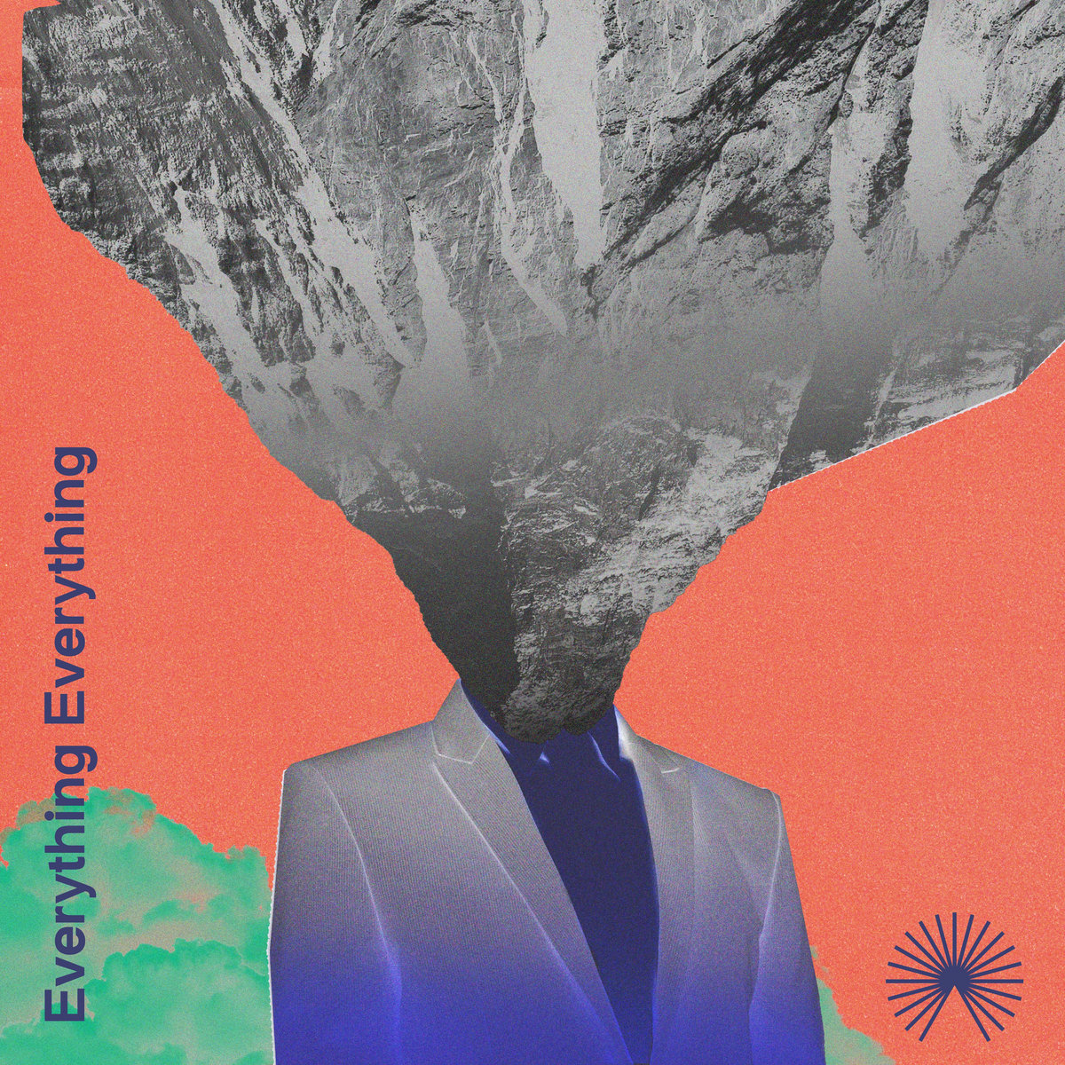 Cover von Everything Everything „Mountainhead“ mit surrealem Motiv: Anzugträger mit Bergmassiv statt Kopf vor korallenrotem Hintergrund.