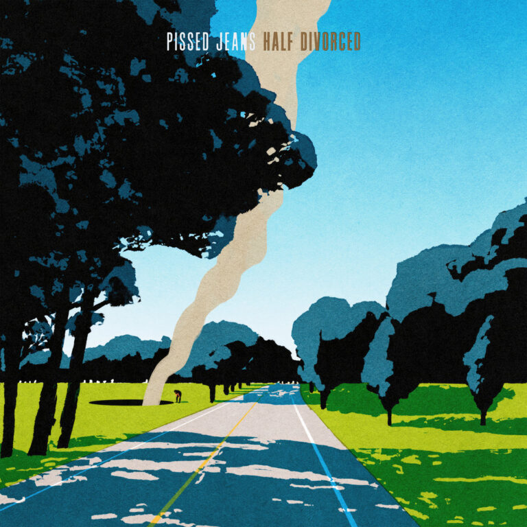 Albumcover von Pissed Jeans – Half Divorced: Cartoonartige Landschaft mit Landstraße, Bäumen und einem Tornado, der aus einem Loch im Boden aufsteigt.