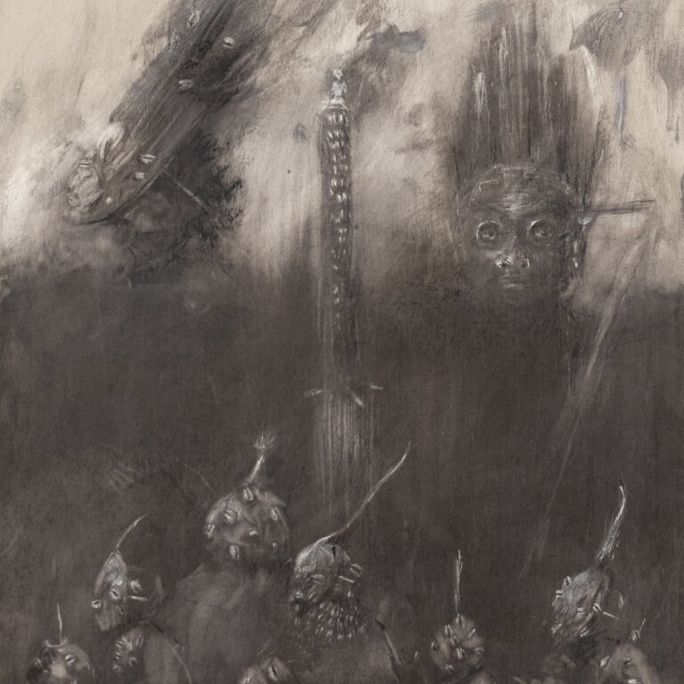 Cover von Moor Mother „The Great Bailout“ mit düsterem, geisterhaftem Artwork: schemenhafte Gesichter, zerfließende Figuren und ein erhobenes Schwert in graubrauner Kohle-Ästhetik.