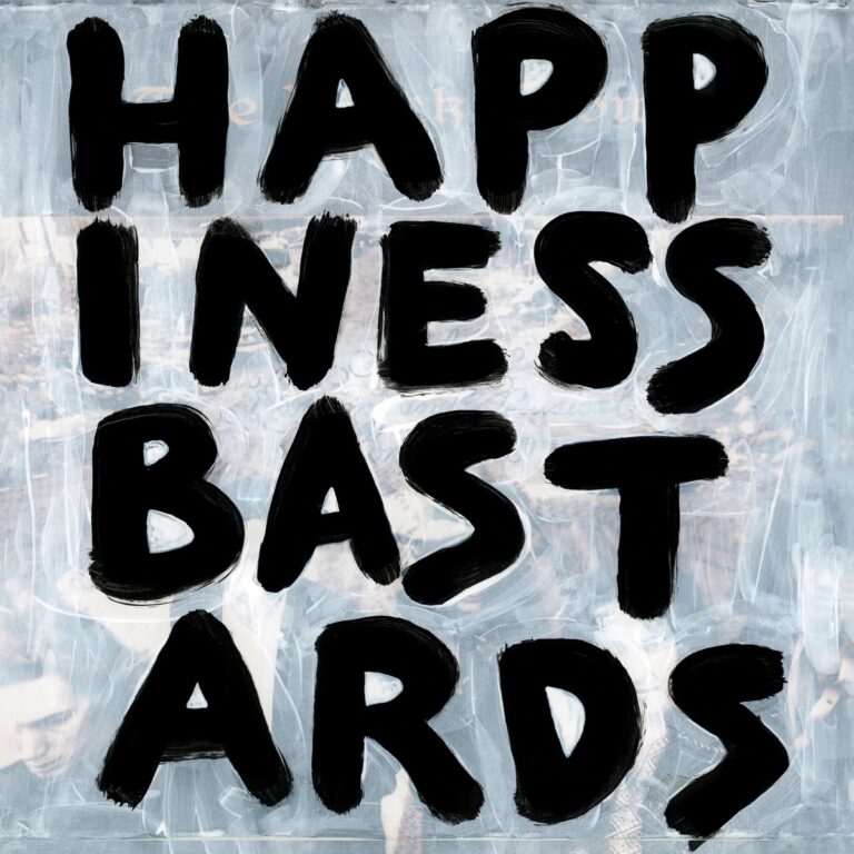 Handgemaltes Albumcover von The Black Crowes „Happiness Bastards“ mit schwarzer Schrift auf verwischtem, grauem Hintergrund.