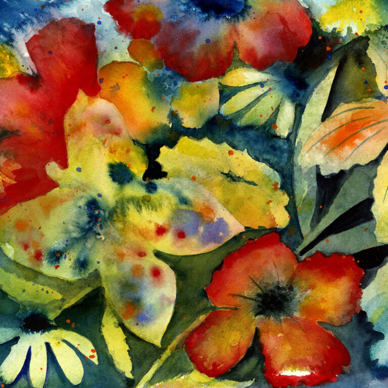 Aquarellgemälde mit bunten Blumen und Blättern in kräftigen Farben.