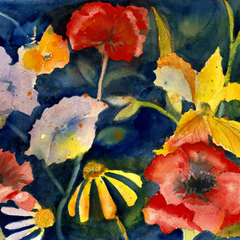 Buntes Aquarell von Blumen in verschiedenen Farben auf dunklem Hintergrund