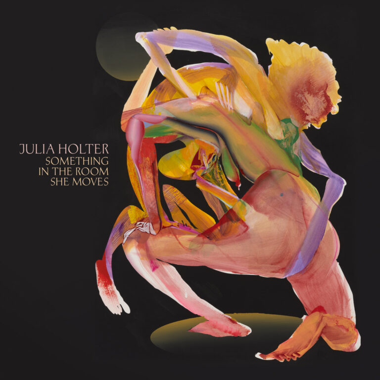 Abstraktes, mehrfarbiges Gemälde zweier ineinander verschlungener Körper auf schwarzem Grund – Cover des Albums „Something in the Room She Moves“ von Julia Holter.
