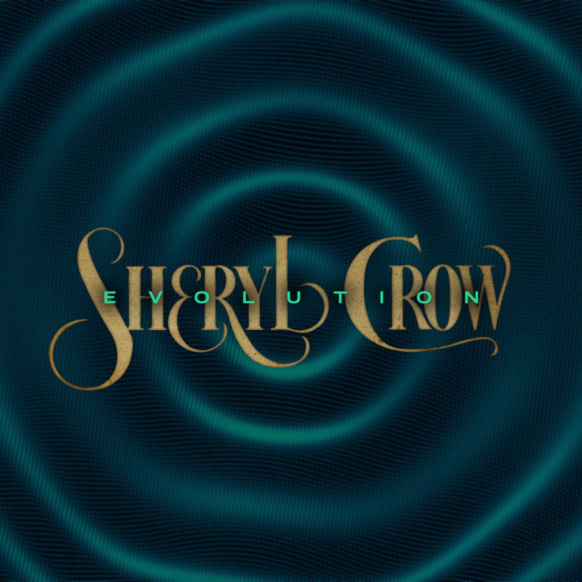 Albumcover von Sheryl Crow – Evolution mit wellenartigem Muster in Dunkelgrün und goldener Schrift im Vintage-Stil.