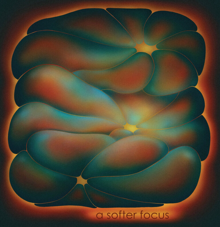 Abstrakte, weich geformte Farbflächen in Blau, Rot und Grün schmiegen sich organisch aneinander – das Cover von a softer focus von Claire Rousay wirkt meditativ und leuchtend.