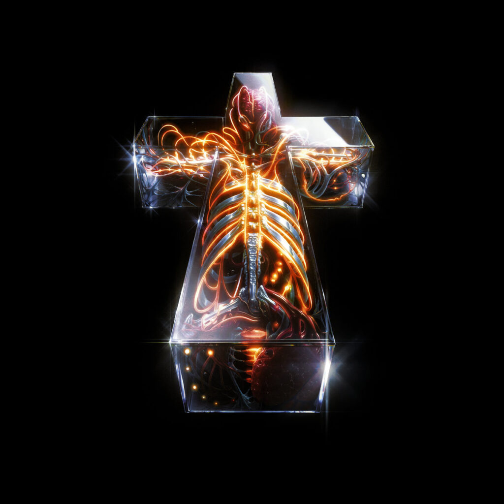 Futuristisches Albumcover von Justice „Hyperdrama“: ein leuchtendes anatomisches Kreuz mit sichtbarem Skelett und Nervenbahnen auf schwarzem Grund.