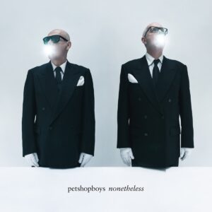 Cover des Albums „Nonetheless“ von Pet Shop Boys: Zwei Männer in schwarzen Anzügen mit weißen Handschuhen, aus deren Mündern Licht strömt, vor hellem Hintergrund.