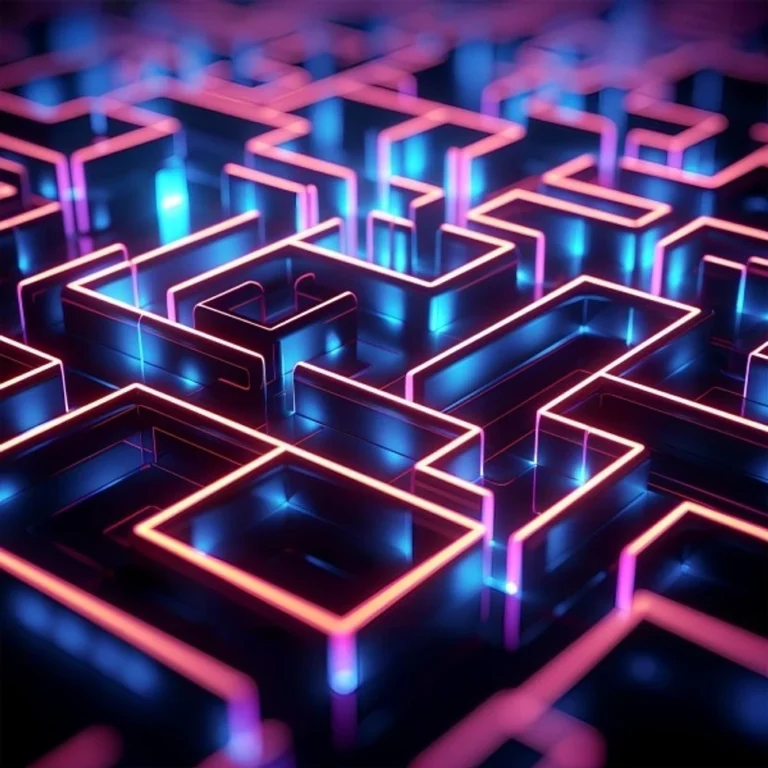 Abstraktes, neonfarbenes Labyrinth mit leuchtenden Kanten in Pink und Blau – symbolisch für das Album „The Big Decider“ von The Zutons.