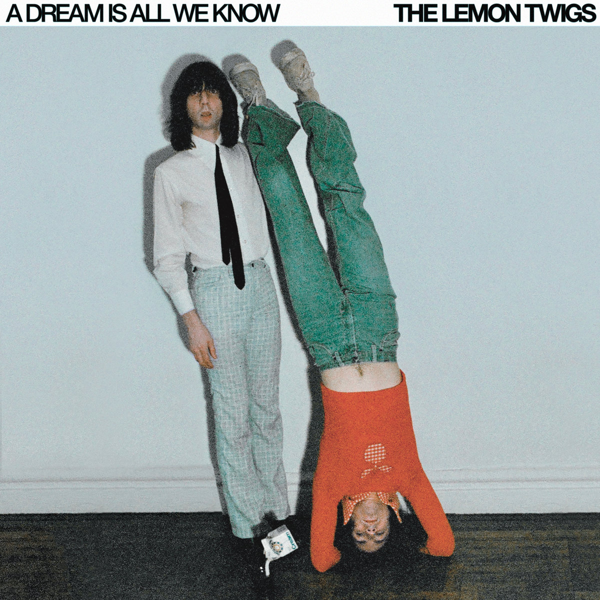 Albumcover von The Lemon Twigs „A Dream Is All We Know“ mit einer stehenden und einer kopfüber posierenden Person in retrohafter Szenerie.