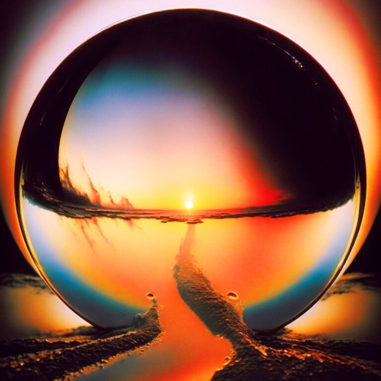 Cover des Albums „Neon Pill“ von Cage the Elephant: eine Sonnenuntergangslandschaft gespiegelt in einer Glaskugel mit leuchtenden, surrealen Farbschleiern.