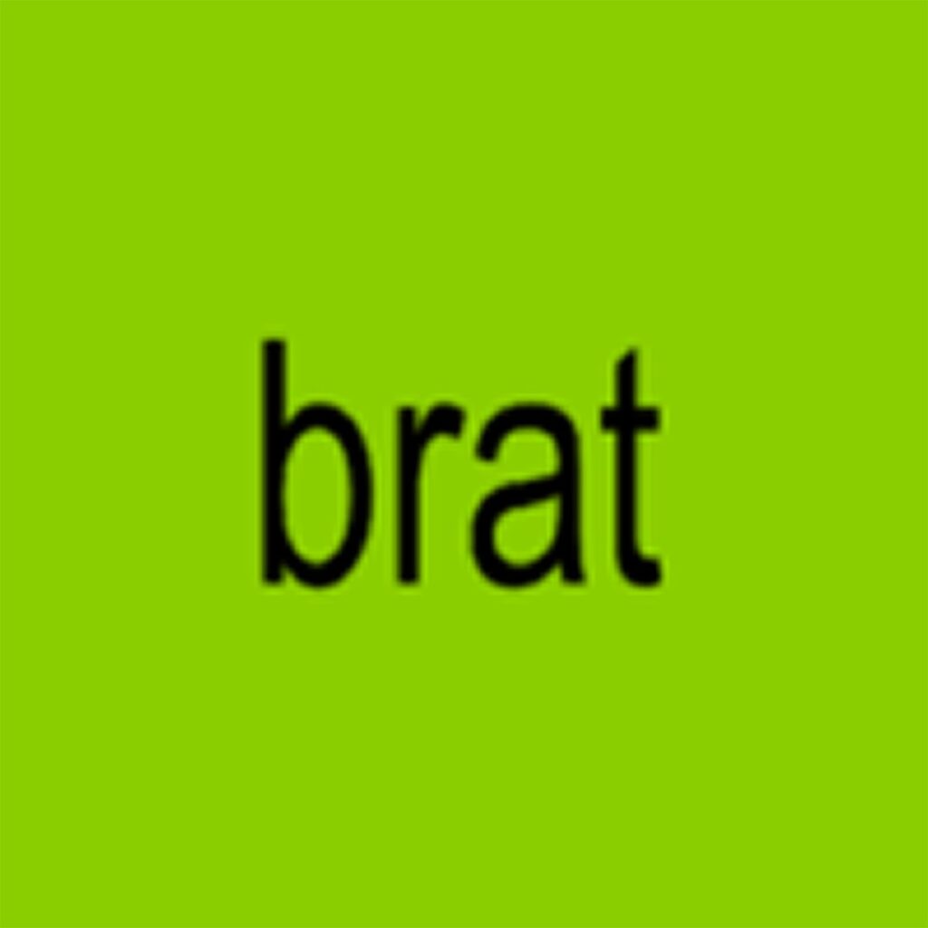 Knallgrünes Albumcover mit dem Wort „brat“ in schwarzer, schlichter Schrift – minimalistisches, provokantes Artwork von Charli XCXs BRAT.
