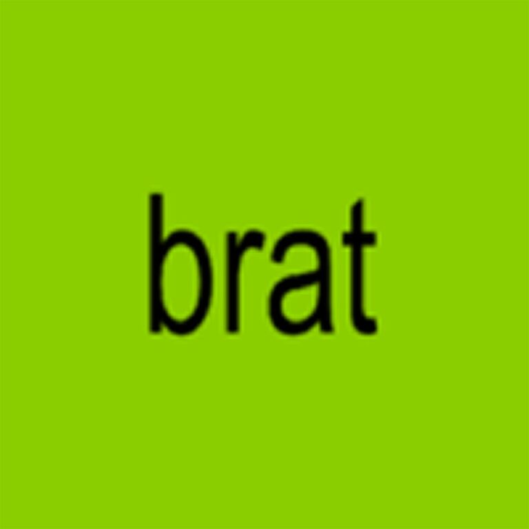 Knallgrünes Albumcover mit dem Wort „brat“ in schwarzer, schlichter Schrift – minimalistisches, provokantes Artwork von Charli XCXs BRAT.