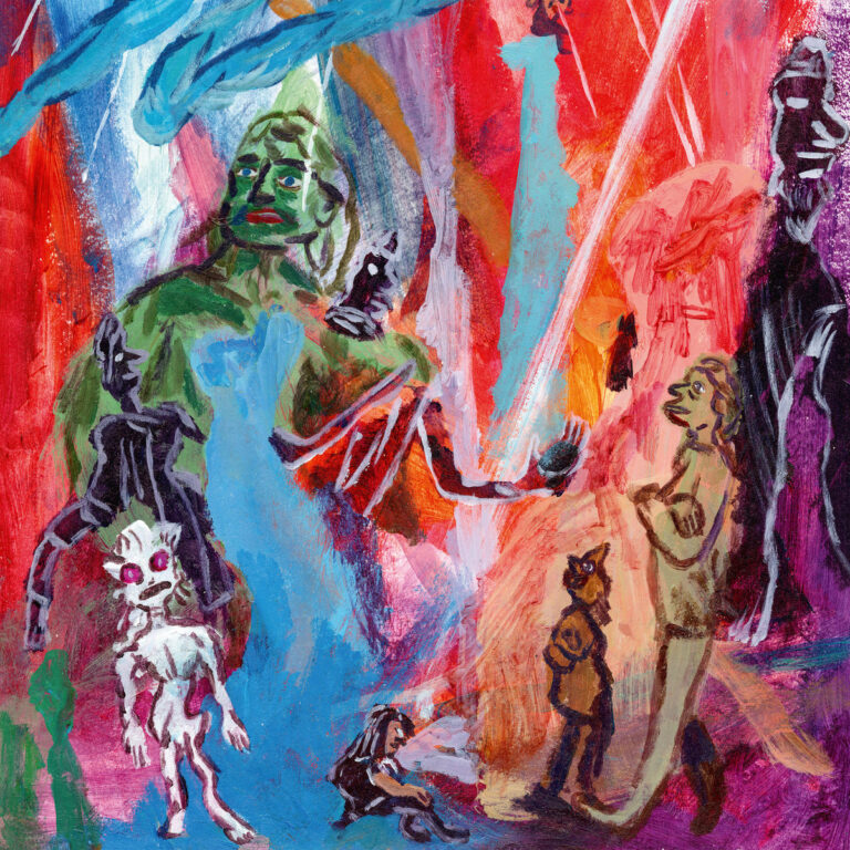 Buntes, abstraktes Gemälde mit surrealen Figuren und kräftigen Pinselstrichen.