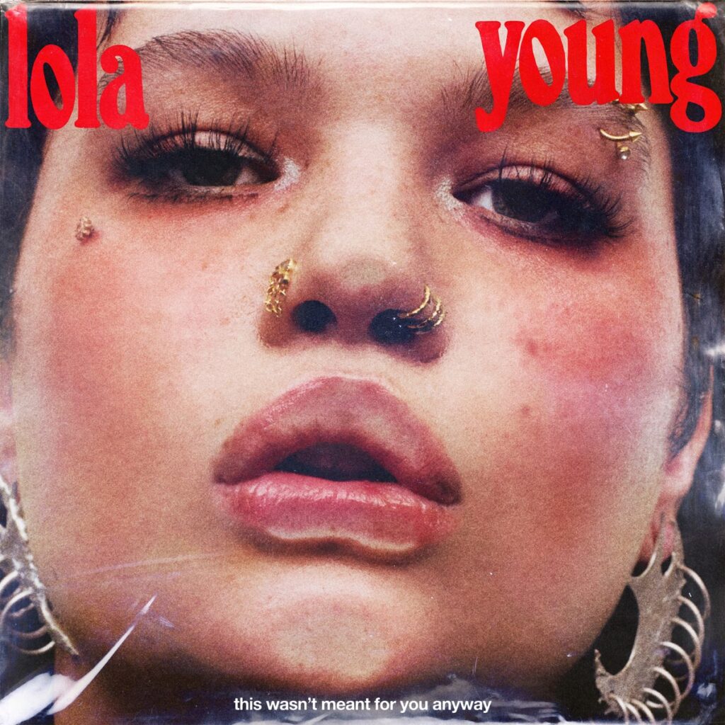 Nahaufnahme von Lola Youngs Gesicht mit goldenen Piercings und ernstem Blick – das Cover des Albums „This Wasn’t Meant For You Anyway“ wirkt roh und direkt.