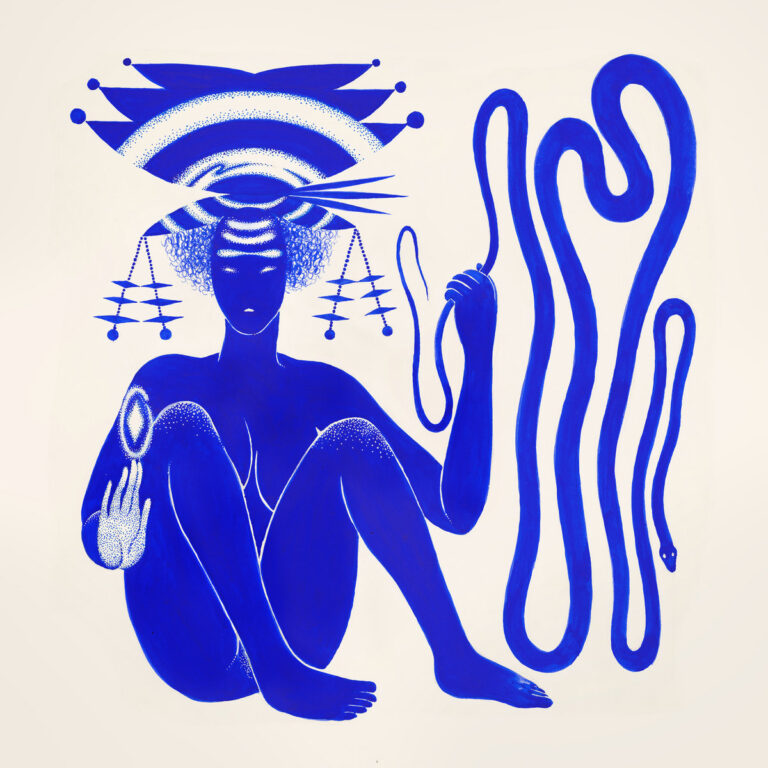 Albumcover von Hiatus Kaiyote – Love Heart Cheat Code, zeigt eine in leuchtendem Blau gehaltene Figur mit futuristischem Kopfschmuck, Schlange und Energieaura.