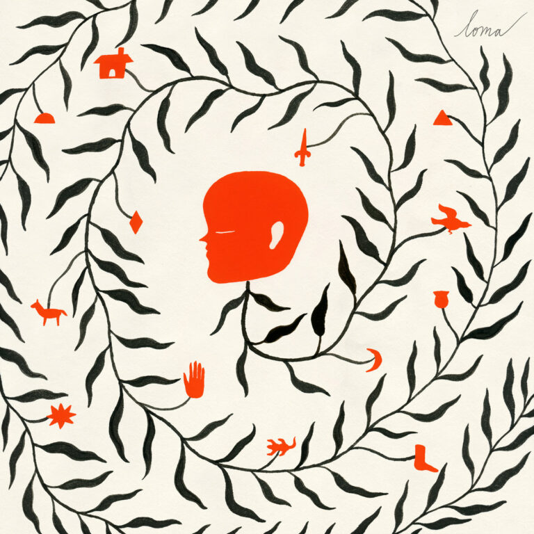Albumcover von Loma – How Will I Live Without a Body?, zeigt ein stilisiertes rotes Profil inmitten organischer schwarzer Ranken und symbolischer Motive.