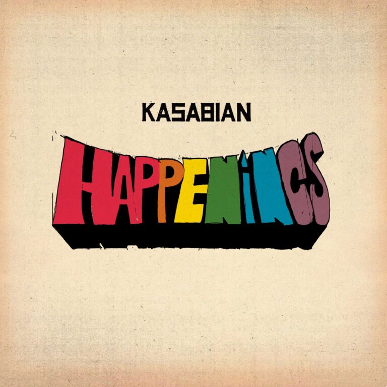 Albumcover von Kasabian – Happenings (2024), zeigt den Titel in bunten 3D-Buchstaben auf beigefarbenem Hintergrund.