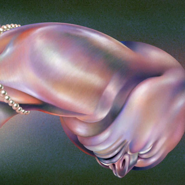 Cover von „The Warping“ der Band Walt Disco mit surreal glänzender, perlenbesetzter Figur in schimmernden Rosa-Violett-Tönen vor dunklem Hintergrund.