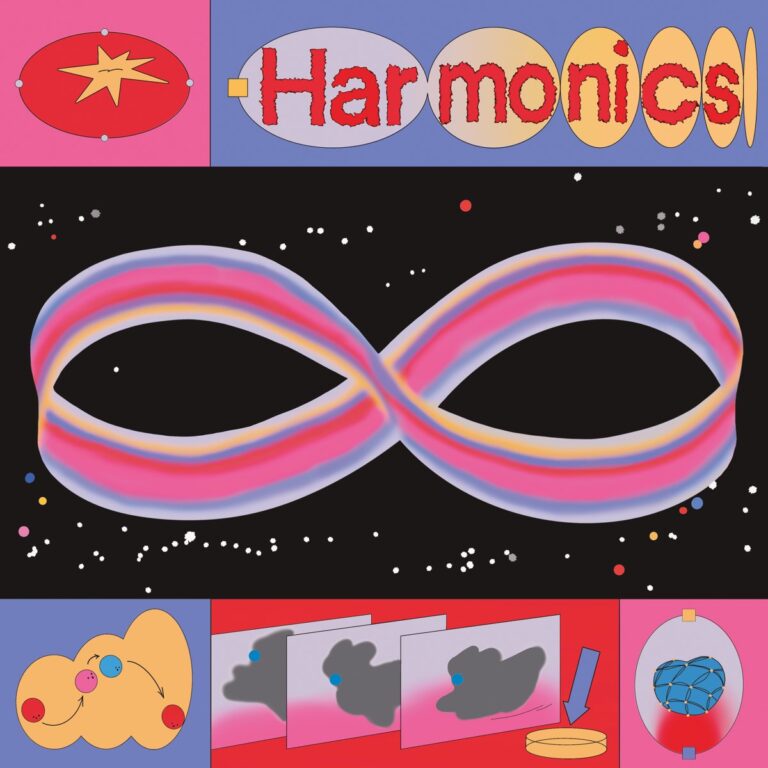 Albumcover mit bunter Illustration: Im Zentrum eine leuchtende Unendlichkeitsschleife in Rosa, Lila und Orange vor schwarzem Sternenhimmel; umrahmt von comicartigen Symbolen, Formen und dem Schriftzug „Harmonics“.