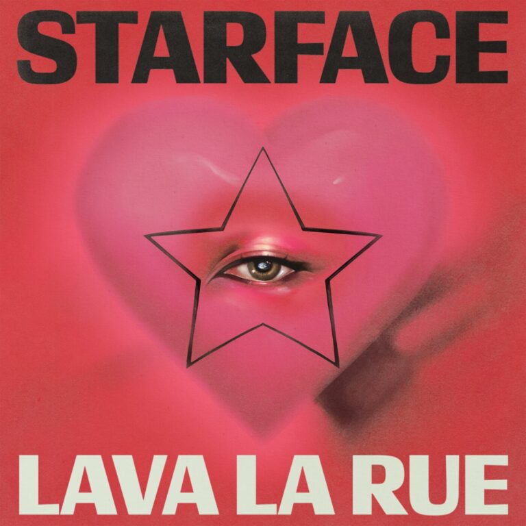 Das Albumcover zu STARFACE zeigt ein pinkes Herz mit einem gezeichneten Stern, in dessen Mitte ein Auge blickt – ein surrealer Mix aus Pop-Art, Sci-Fi und Symbolik.