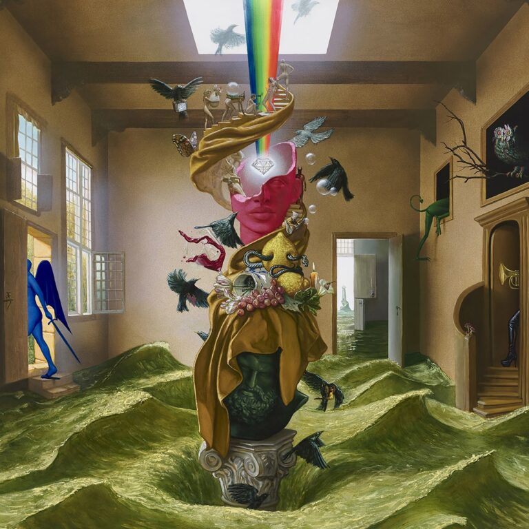 Surrealistisches Cover des Albums „Paradise State of Mind“ von Foster the People mit bunter, symbolgeladener Skulptur in einem gefluteten Raum.