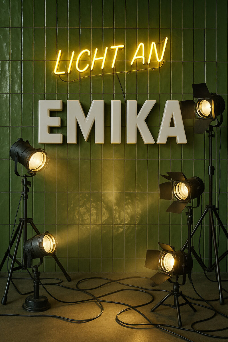 Ein stilvolles, minimalistisches Setting mit einem grünen, gekachelten Hintergrund. Darauf in großen, weißen Buchstaben der Name „EMIKA“. Davor: mehrere schwarze Bühnenstrahler auf Stativen, die nach oben zeigen – ein stimmungsvolles Arrangement, das Bühne und Kunst perfekt symbolisiert.