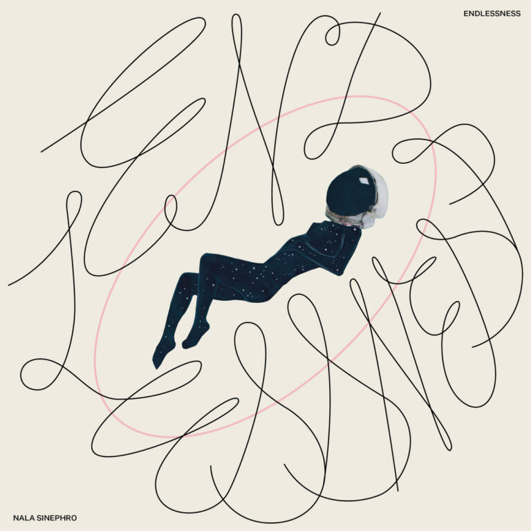 Albumcover zu Endlessness von Nala Sinephro: Eine schwebende Figur im Sternenanzug hält einen Planeten-Kopf, umgeben von verschnörkelter Typografie auf hellem Hintergrund.