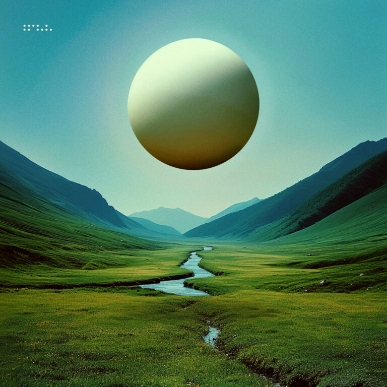 Albumcover zu "Infinite Health" von Tycho: surreal schwebende goldene Sphäre über grünem Tal mit Flusslauf, umgeben von Bergen in weichem Licht.
