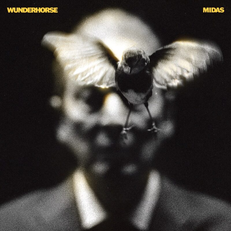 Albumcover zu "Midas" von Wunderhorse: verschwommene Gestalt im Hintergrund, ein Vogel mit ausgebreiteten Flügeln fliegt scharf in den Vordergrund, kontrastreich in Schwarz-Gold.