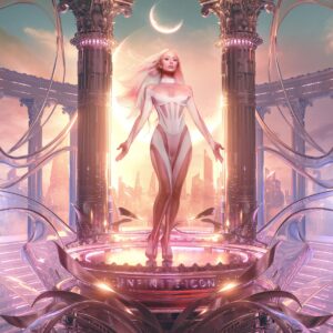Paris Hilton in futuristischem weißem Body vor neoklassischen Säulen, schwebend auf einem Podest in digitalem Fantasy-Setting – Cover von „Infinite Icon“.